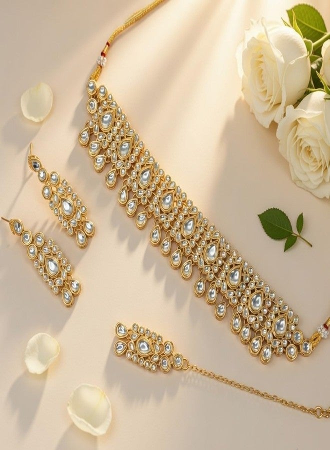 Efulgenz Kundan Set Indian Jewelry Sets for Women Bollywood Jewelry Kundan Choker Necklace Dangle Earrings Maang Tikka Head Chain Wedding Bridal Jewelry for Women - Image 2