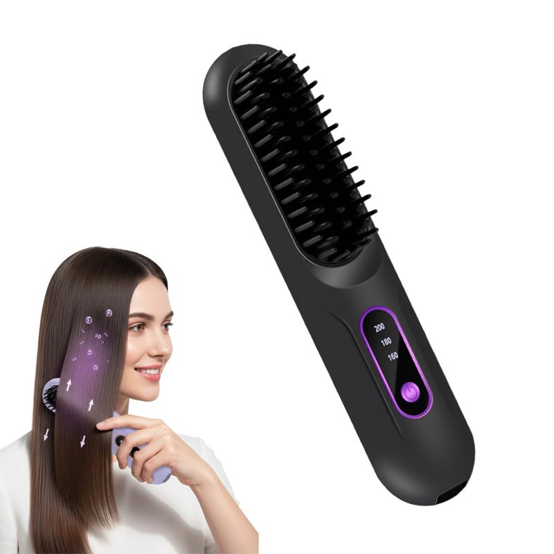 Cordless Mini Hair Straightening Brush Fast Heating LCD Temperature Display Portable Travel Black - Image 2
