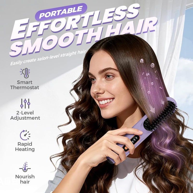 Cordless Mini Hair Straightening Brush Fast Heating LCD Temperature Display Portable Travel Black - Image 3