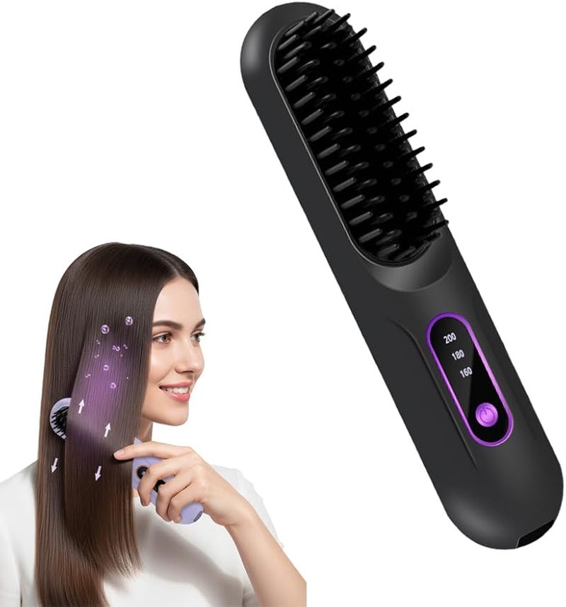 Cordless Mini Hair Straightening Brush Fast Heating LCD Temperature Display Portable Travel Black - Image 1