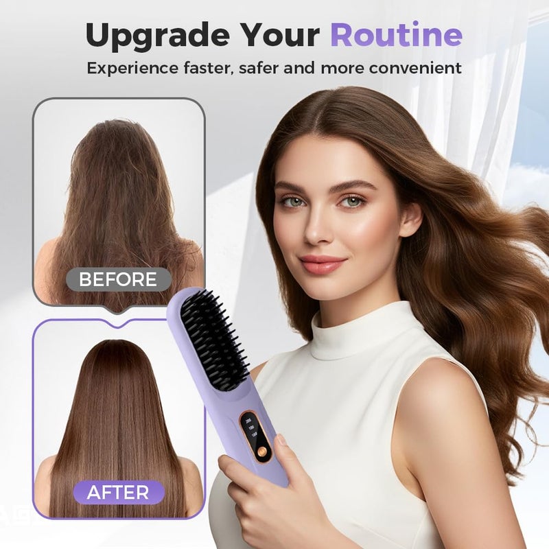 Cordless Mini Hair Straightening Brush Fast Heating LCD Temperature Display Portable Travel Black - Image 4