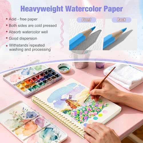 Creazic Watercolor Paper Pad, 5.5"x8.5" 140lb/300g Cold Press Watercolor Sketchbook, 24 Sheets Spiral Bound with Perforated Pages, Acid-Free Portable Drawing Pad for Travel, Practice & Small Projects - Image 4