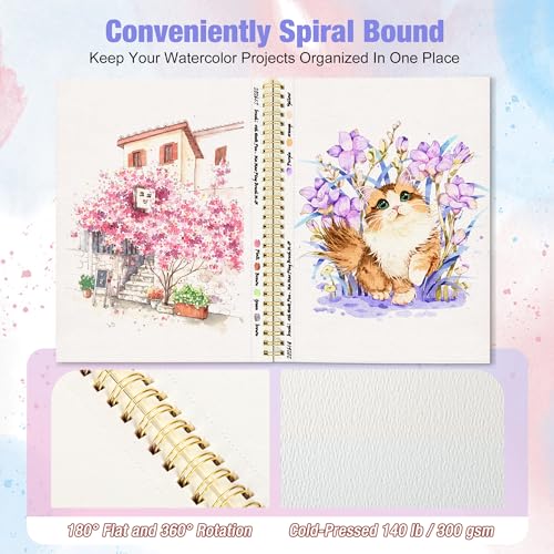 Creazic Watercolor Paper Pad, 5.5"x8.5" 140lb/300g Cold Press Watercolor Sketchbook, 24 Sheets Spiral Bound with Perforated Pages, Acid-Free Portable Drawing Pad for Travel, Practice & Small Projects - Image 3