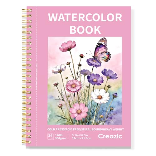 Creazic Watercolor Paper Pad, 5.5"x8.5" 140lb/300g Cold Press Watercolor Sketchbook, 24 Sheets Spiral Bound with Perforated Pages, Acid-Free Portable Drawing Pad for Travel, Practice & Small Projects - Image 1