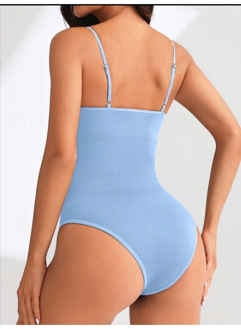 Women's Seamless High-Stretch Yoga Bodysuit with Padded Bra – Solid Blue, One-Piece Activewear for Gym & Studio - Image 5
