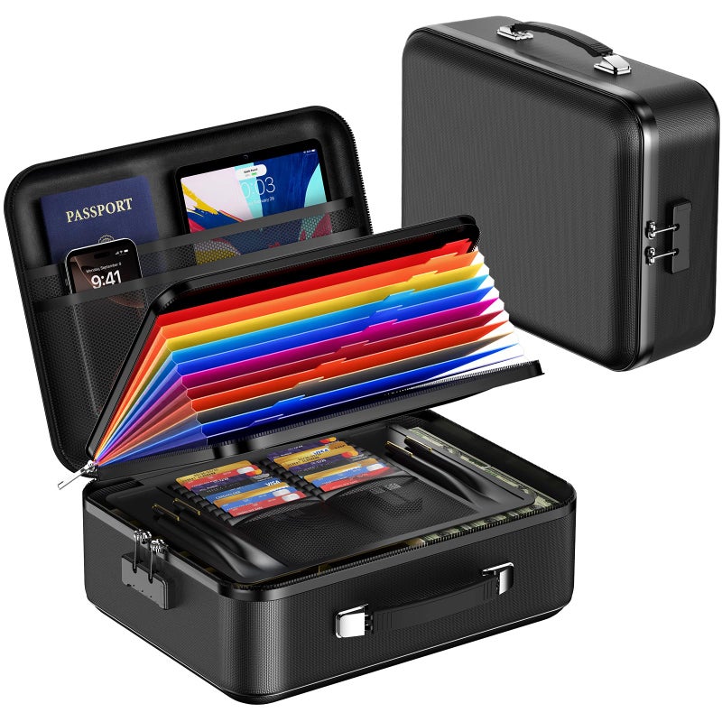 Dcorn Fireproof Document Box with Lock, Waterproof Hard Shell File Organizer with Accordion Folder, Portable Fireproof File Safe Box for Home Office Storage of Documents, Laptop, Cash & Passports - Image 1
