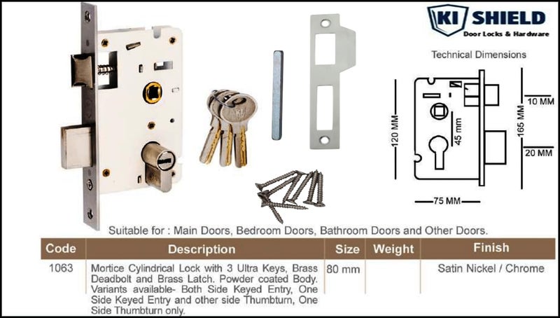 KI SHIELD قفل زنبركي من الزنك لغرفة المعيشة | مجموعة مقبض الباب الرئيسي مع جسم القفل | تشطيب مطفي ساتان | مجموعة قفل باب أسطواني نحاسي ب 6 مفاتيح 70 مم من الجانبين للمنزل، الفندق، مكتب (1016 SS) - Image 5
