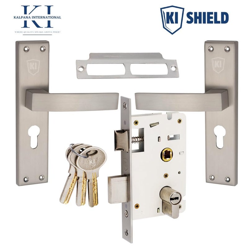 KI SHIELD قفل زنبركي من الزنك لغرفة المعيشة | مجموعة مقبض الباب الرئيسي مع جسم القفل | تشطيب مطفي ساتان | مجموعة قفل باب أسطواني نحاسي ب 6 مفاتيح 70 مم من الجانبين للمنزل، الفندق، مكتب (1016 SS) - Image 1