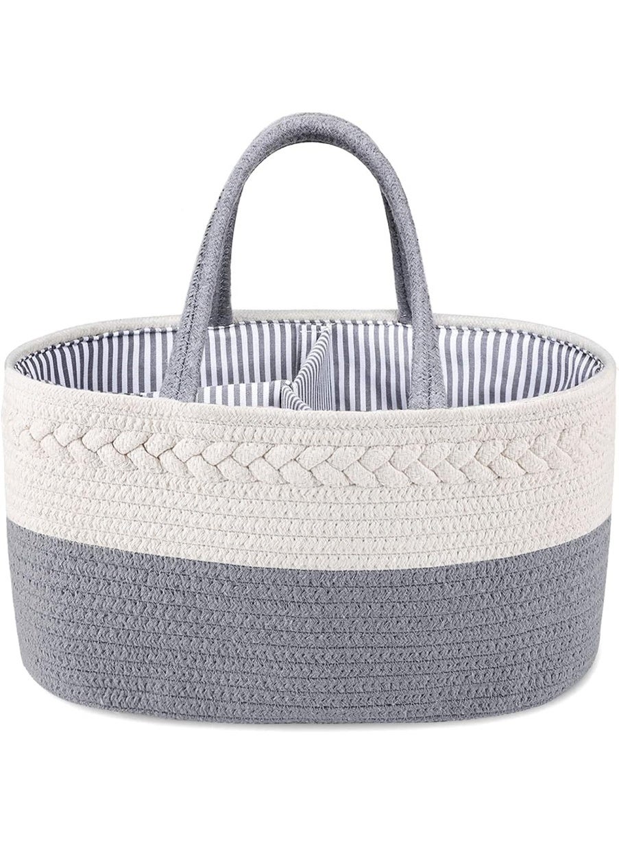 Baby Diaper Caddy Organizer Basket, Cotton Rope Nursery Storage Bin for Changing Table Car, Gift for Baby Shower-Grey