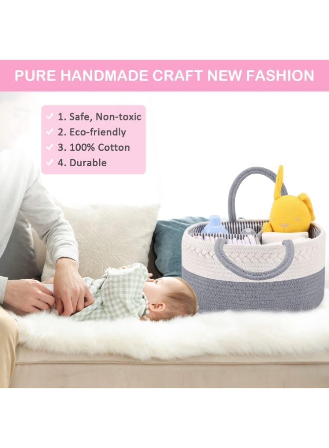 Baby Diaper Caddy Organizer Basket, Cotton Rope Nursery Storage Bin for Changing Table Car, Gift for Baby Shower-Grey - Image 2