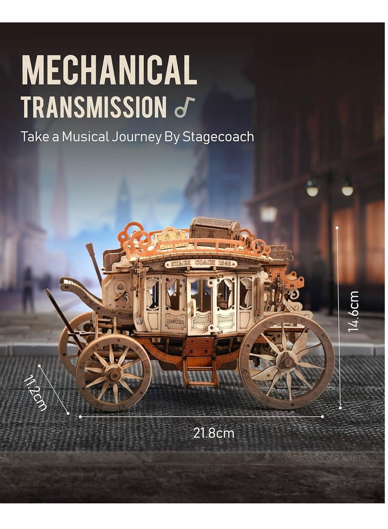 Robotime ROKR 3D Wooden Puzzle Stagecoach Mechanical Music Box AMKA1, Assembly Brain Teaser 3D Wooden Puzzle DIY Build Model Crafts Kits, Unique Gifts and Home Decor for Teens or Adults - Image 2