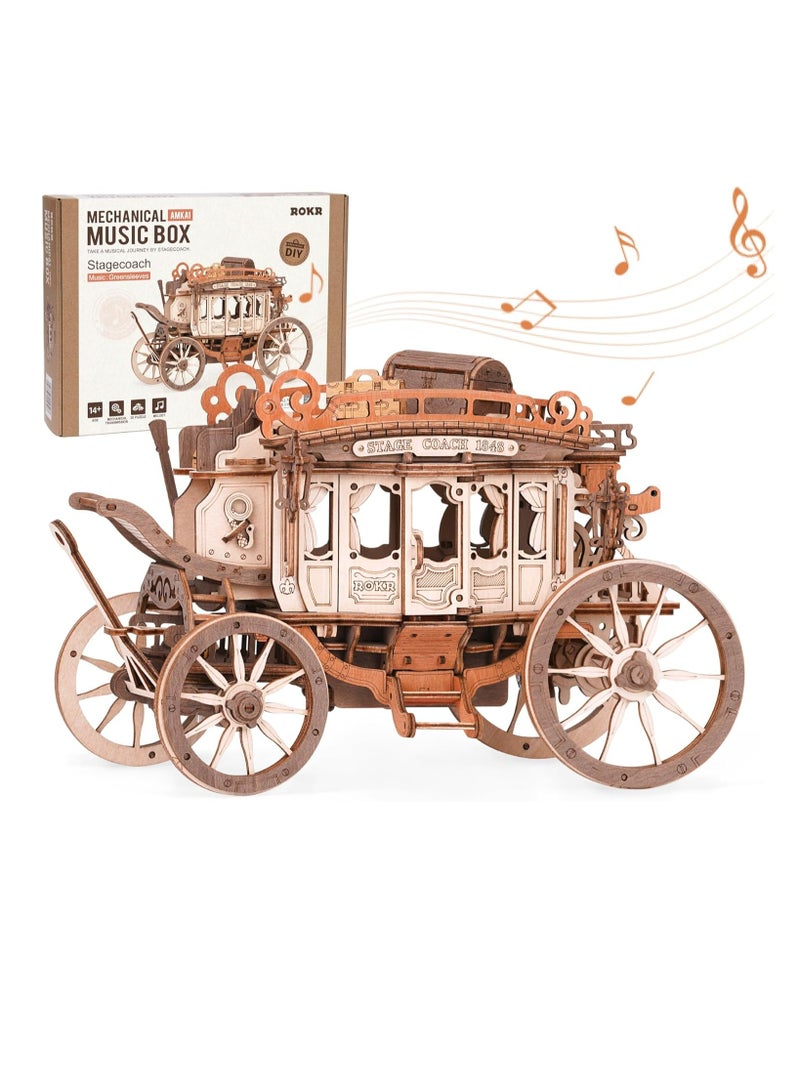 Robotime ROKR 3D Wooden Puzzle Stagecoach Mechanical Music Box AMKA1, Assembly Brain Teaser 3D Wooden Puzzle DIY Build Model Crafts Kits, Unique Gifts and Home Decor for Teens or Adults - Image 1