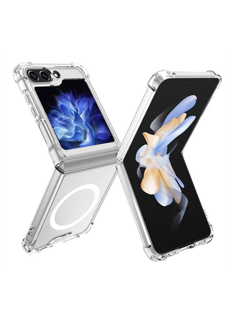 Case for Galaxy Z flip 5 Clear Magnetic Cover Mag Safe Compatible  Clear Hard Back Case Shockproof Silicone Frame Edge Bumper Slim Transparent Case Compatible for Galaxy Z flip 5 - Image 1