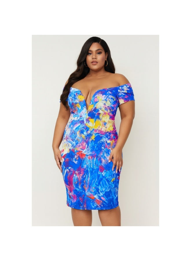 Plus Size Off Shoulder Deep V Neck Bodycon Dress – Multicolor Abstract Print - Image 1