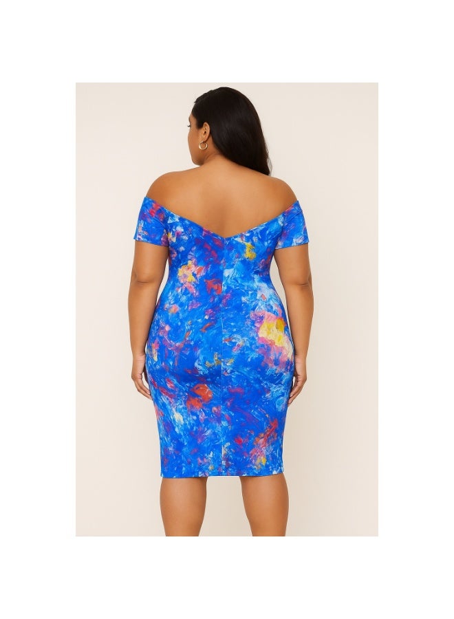 Plus Size Off Shoulder Deep V Neck Bodycon Dress – Multicolor Abstract Print - Image 4