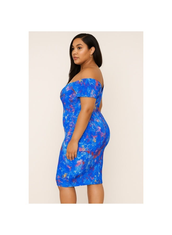 Plus Size Off Shoulder Deep V Neck Bodycon Dress – Multicolor Abstract Print - Image 3