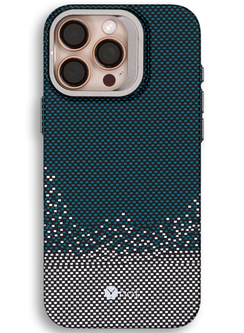 YNOT MagSafe Carbon Fiber Kevlar Protective Case with Camera Holder for iPhone 16 Pro -Green with white dots - Image 1