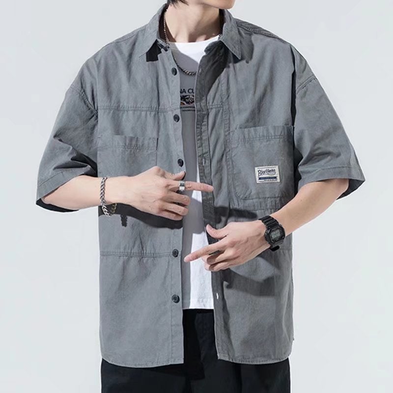 2023 spring and summer new shirt men's Hong Kong style Japanese handsome short sleeve trendy workwear loose shirt - Image 3