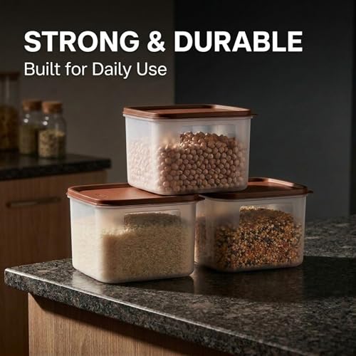 Mahaware Modular Square Plastic Kitchen Container Set, 2.5 litre, Set of 3, Brown - Image 3