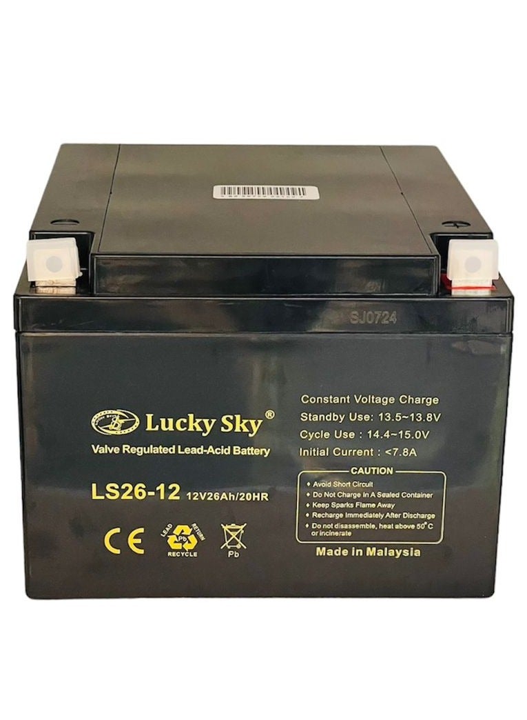 Lucky Sky بطارية الرصاص الحمضية المختومة عالية الأداء القابلة لإعادة الشحن من 12V 26Ah هي مصدر طاقة موثوق وطويل الأمد لمجموعة واسعة من التطبيقات بطارية UPS والسيارات وأنظمة الأمان وإضاءة الطوارئ. - Image 1