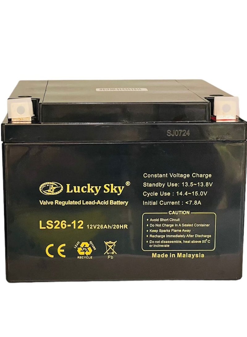 Lucky Sky بطارية الرصاص الحمضية المختومة عالية الأداء القابلة لإعادة الشحن من 12V 26Ah هي مصدر طاقة موثوق وطويل الأمد لمجموعة واسعة من التطبيقات بطارية UPS والسيارات وأنظمة الأمان وإضاءة الطوارئ. - Image 2