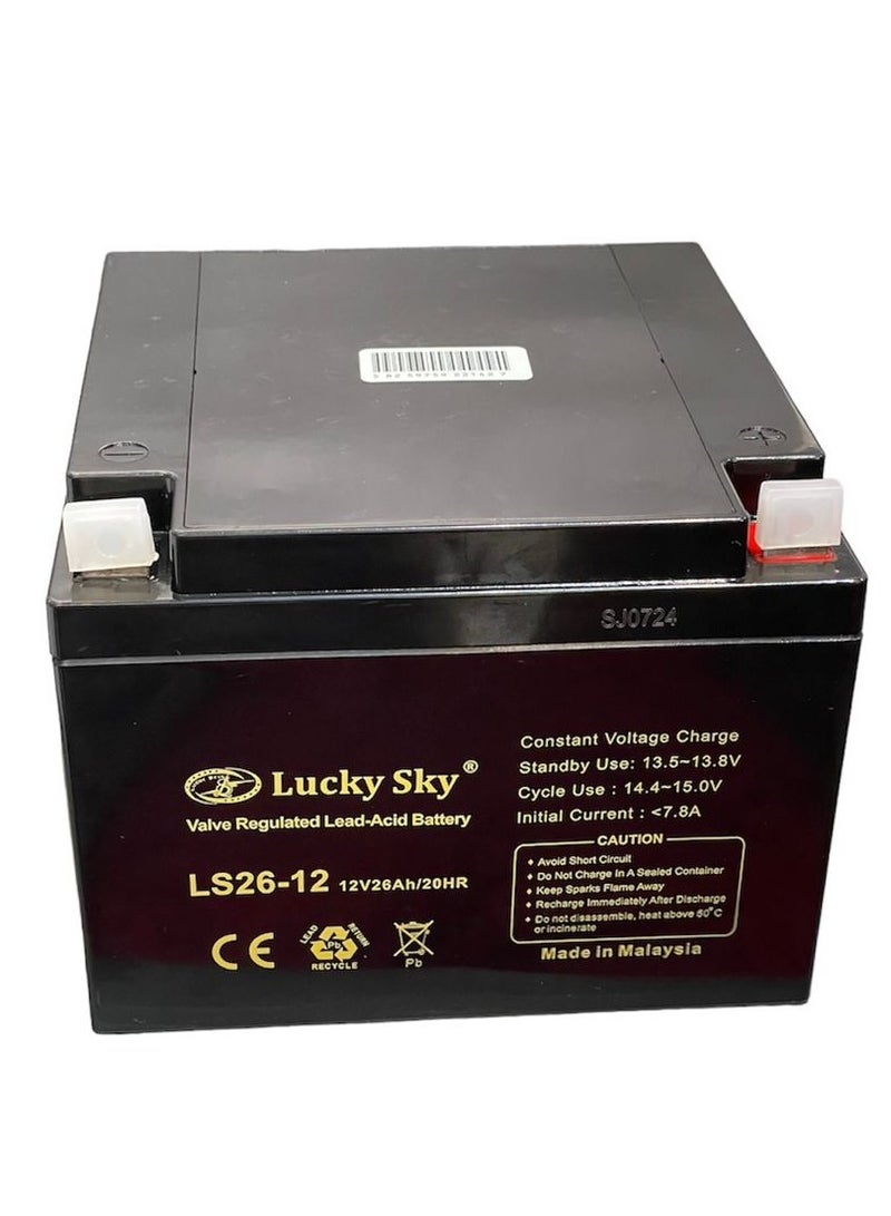 Lucky Sky بطارية الرصاص الحمضية المختومة عالية الأداء القابلة لإعادة الشحن من 12V 26Ah هي مصدر طاقة موثوق وطويل الأمد لمجموعة واسعة من التطبيقات بطارية UPS والسيارات وأنظمة الأمان وإضاءة الطوارئ. - Image 3