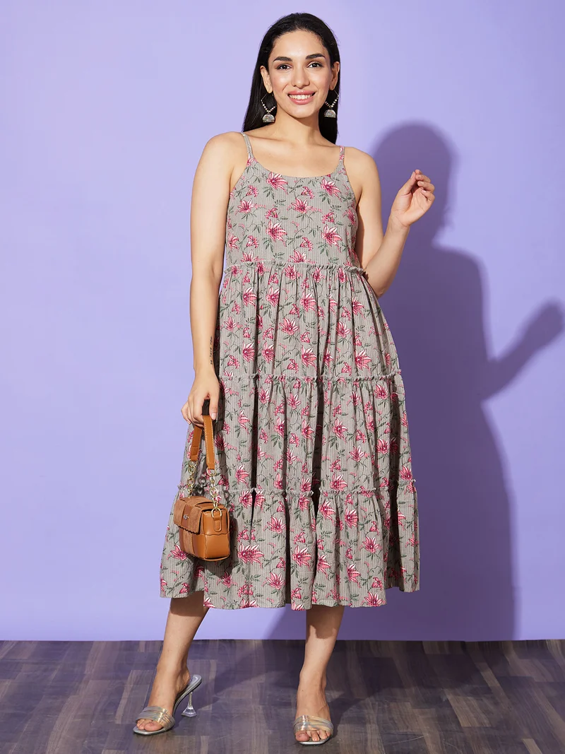 Women Taupe Coloured Floral Printed Tiered Pure Cotton A-Line Dress