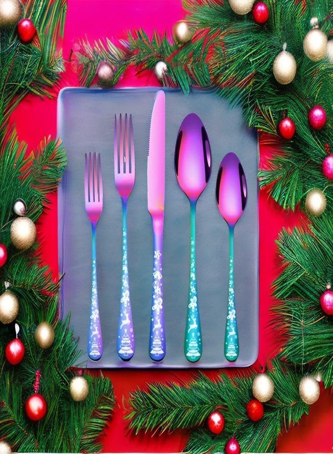 Dhyankeshwer Christmas Holiday Flatware Set, 20-Piece Stainless Steel Cutlery, Service for 4, Festive Tree Design (Rainbow, Set of 1(5Pcs)) - Image 5