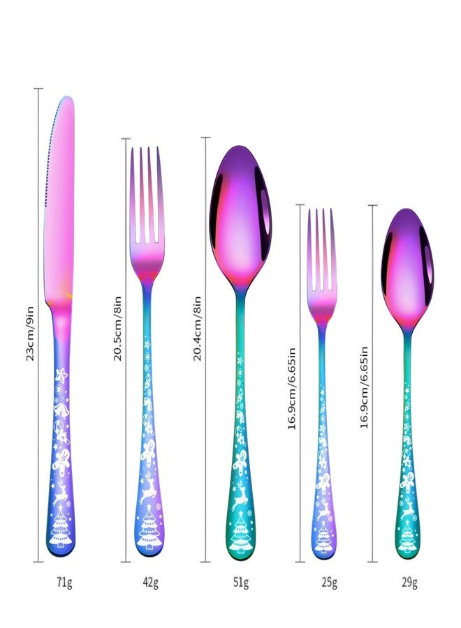 Dhyankeshwer Christmas Holiday Flatware Set, 20-Piece Stainless Steel Cutlery, Service for 4, Festive Tree Design (Rainbow, Set of 1(5Pcs)) - Image 3