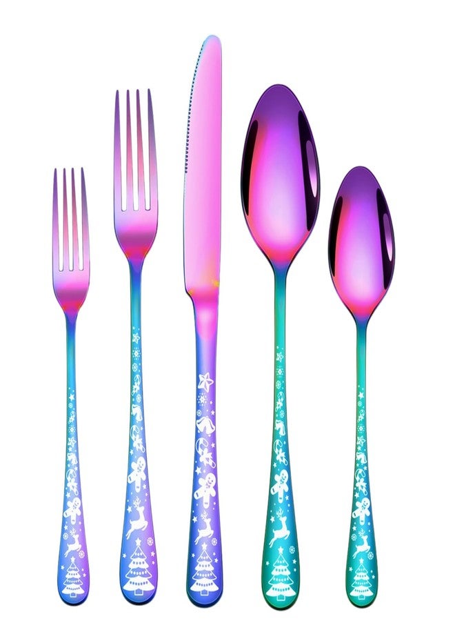 Dhyankeshwer Christmas Holiday Flatware Set, 20-Piece Stainless Steel Cutlery, Service for 4, Festive Tree Design (Rainbow, Set of 1(5Pcs)) - Image 1