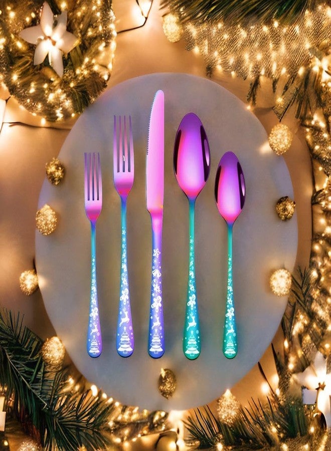 Dhyankeshwer Christmas Holiday Flatware Set, 20-Piece Stainless Steel Cutlery, Service for 4, Festive Tree Design (Rainbow, Set of 1(5Pcs)) - Image 2