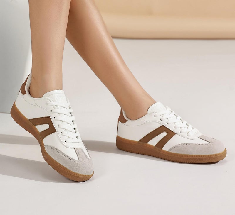 OFG Women's Retro Gum Sole Fashion Sneakers-Lace Detail Casual Retro Walking Shoes-Gum Sole Casual Tennis-Anti Slip Trainersï¼ˆBeige Grey,9ï¼‰ - Image 2