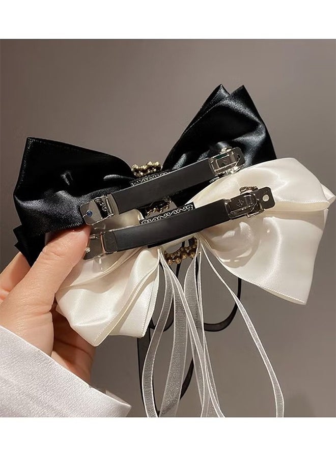 HY Large Bow Hair Clip Rhinestone Hair Barrette Strong Hold Bowknot Hair Clip Long Ribbon Hair Bow Vintage Hair Accessories for Women Girls（2Pcs, White & Black）  - Image 4