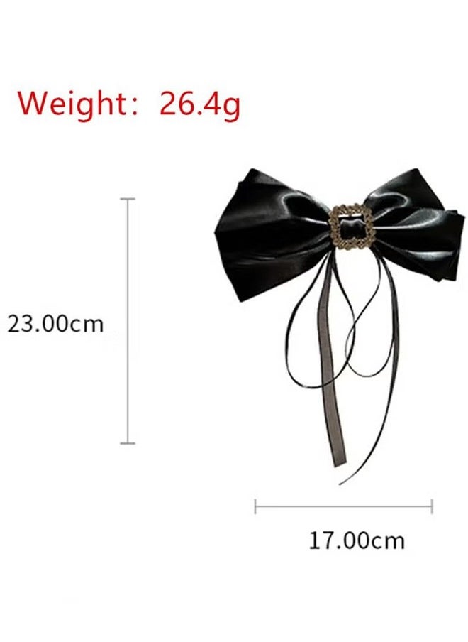 HY Large Bow Hair Clip Rhinestone Hair Barrette Strong Hold Bowknot Hair Clip Long Ribbon Hair Bow Vintage Hair Accessories for Women Girls（2Pcs, White & Black）  - Image 5