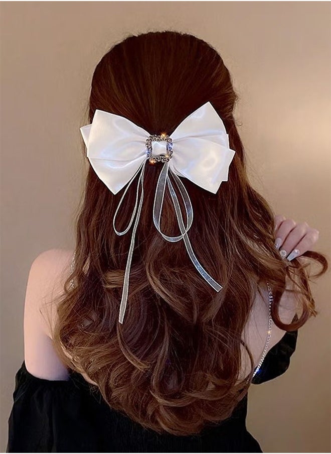 HY Large Bow Hair Clip Rhinestone Hair Barrette Strong Hold Bowknot Hair Clip Long Ribbon Hair Bow Vintage Hair Accessories for Women Girls（2Pcs, White & Black）  - Image 3