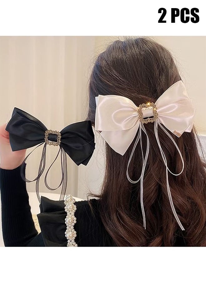 HY Large Bow Hair Clip Rhinestone Hair Barrette Strong Hold Bowknot Hair Clip Long Ribbon Hair Bow Vintage Hair Accessories for Women Girls（2Pcs, White & Black）  - Image 1