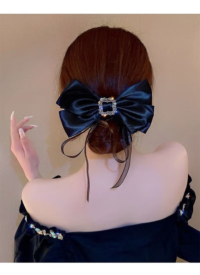 HY Large Bow Hair Clip Rhinestone Hair Barrette Strong Hold Bowknot Hair Clip Long Ribbon Hair Bow Vintage Hair Accessories for Women Girls（2Pcs, White & Black）  - Image 2