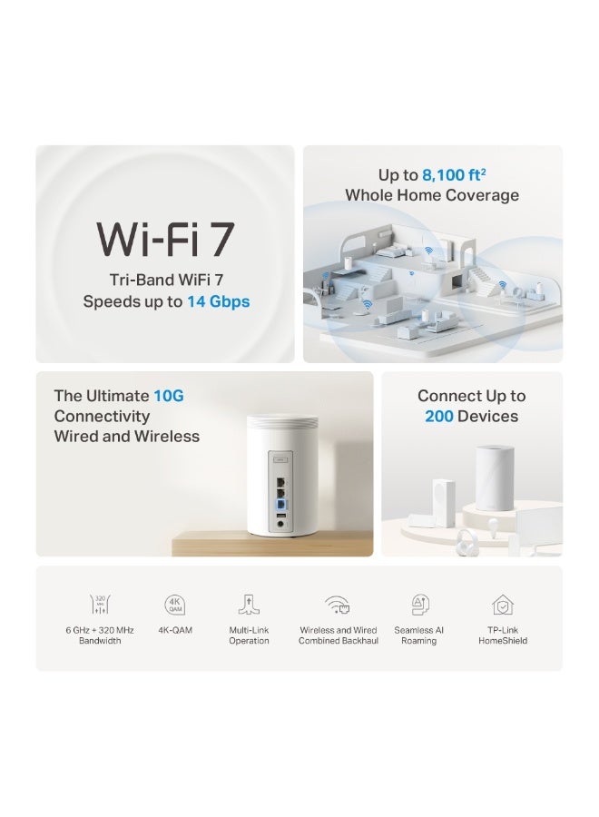 TP-LINK Deco BE14000 Tri-Band Whole Home Mesh WiFi 7, 10Gbps Port, MLO, 320 MHz, 6 GHz, Seamless AI Roaming, HomeShield Security, Gaming & Streaming, Smart Home, Parental Control, Deco BE68(3-Pack) white - Image 4