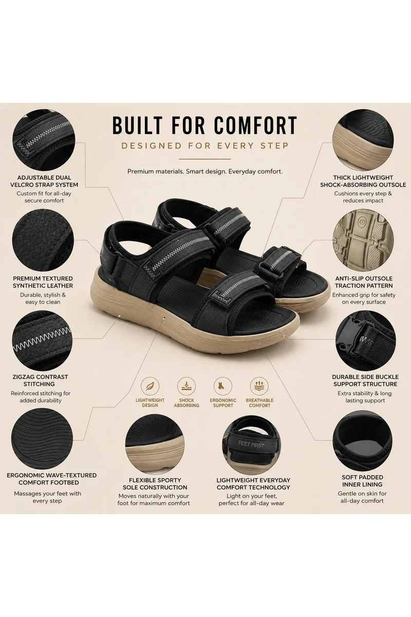 Feet First Men’s Sports Sandals with Adjustable Velcro Straps – Lightweight Comfort Outdoor Walking Sandals