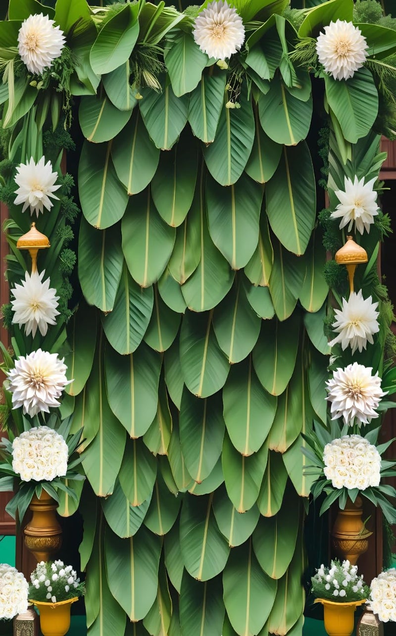 NK Textiles Green Banana Leaf Backdrop Cloth for Pooja Decoration Traditional, Background Decoration Cloth for Pooja Background, Curtain Cloth for Festival Fabric (Size-5x8 ft) (Printed) - Image 2
