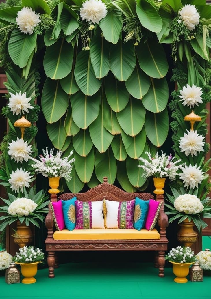 NK Textiles Green Banana Leaf Backdrop Cloth for Pooja Decoration Traditional, Background Decoration Cloth for Pooja Background, Curtain Cloth for Festival Fabric (Size-5x8 ft) (Printed) - Image 1