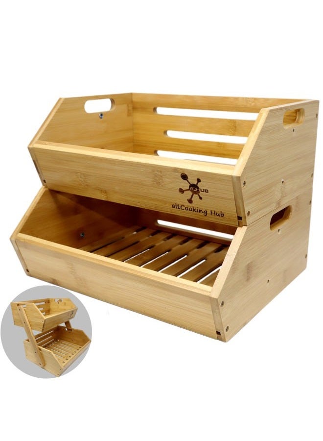 altCooking Hub Bamboo Storage Bin - Multipurpose Open Front Stacking Bins for Kitchen & Pantry Configurable as 2 Tier Fruit Basket on Countertop – Ideal Vegetables, Potato and Onion - Image 1