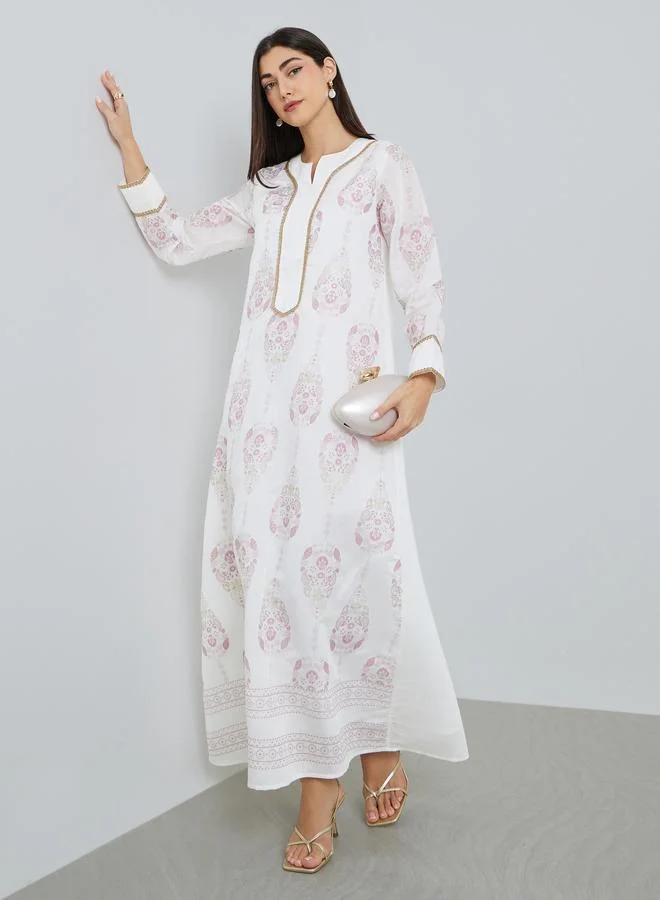 Amirah Women Cream Printed A-Line Jalabiya