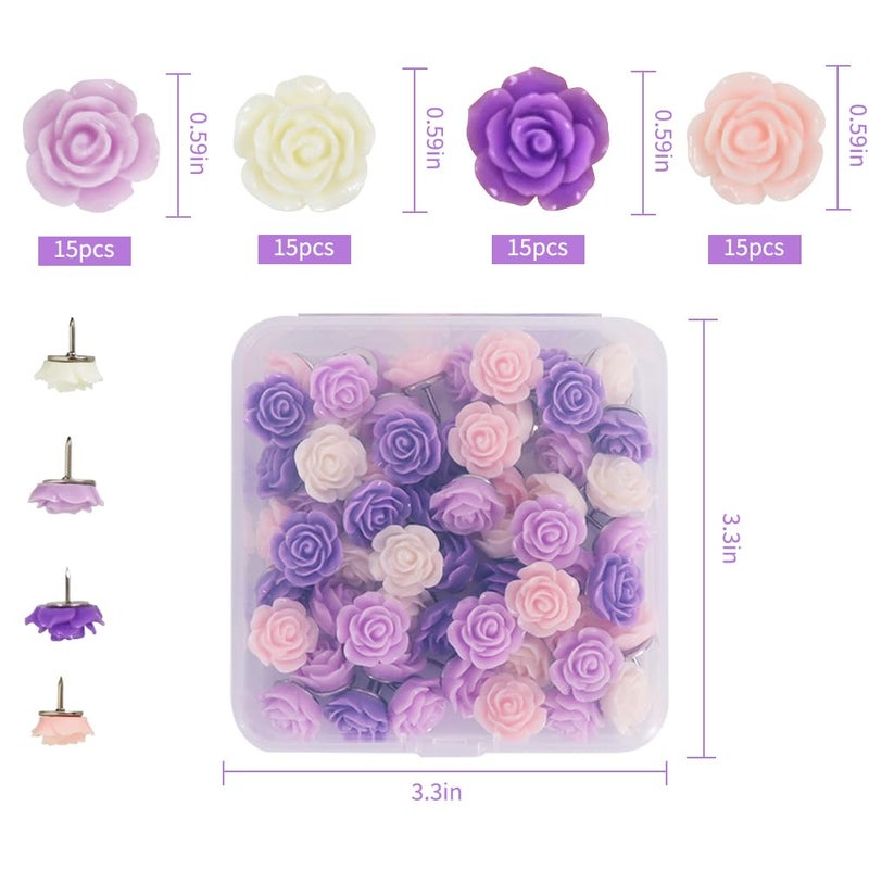 Vuzvuv 60 pcs Purple Rose Flower Push Pin with Gradient Color for Bulletin Board,Decorative Cute Thumbtacks Floret Flower Pins for School, Office - Image 2
