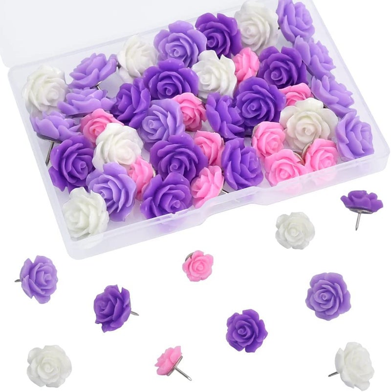 Vuzvuv 60 pcs Purple Rose Flower Push Pin with Gradient Color for Bulletin Board,Decorative Cute Thumbtacks Floret Flower Pins for School, Office - Image 1