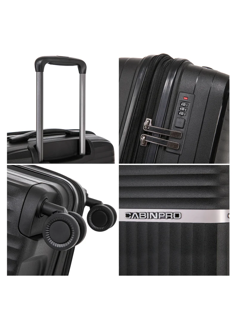 كابينبرو Light Weight PP Fashion Trolley Luggage Expandable Hard Case Carry on Suitcase with Safe Zipper and 4 Quite 360° Double Spinner Wheels CP002 Black