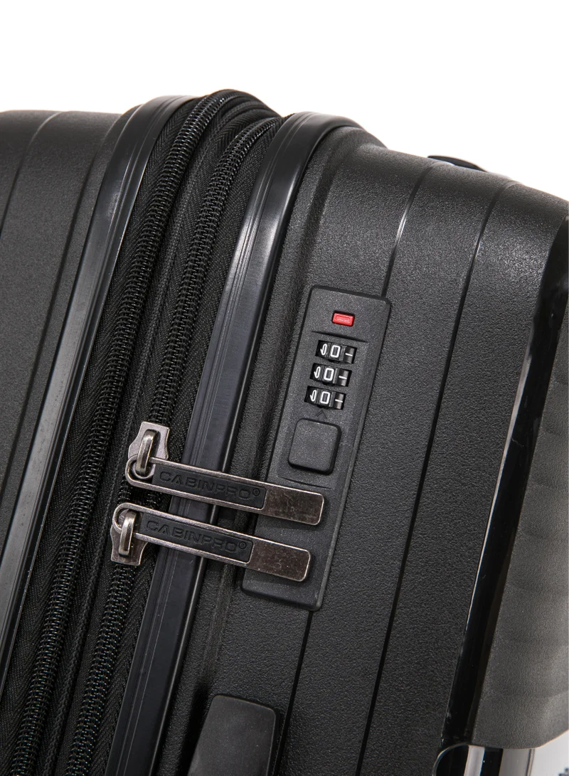 كابينبرو Light Weight PP Fashion Trolley Luggage Expandable Hard Case Carry on Suitcase with Safe Zipper and 4 Quite 360° Double Spinner Wheels CP002 Black