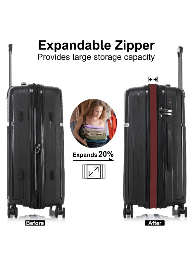 CABINPRO Light Weight PP Fashion Trolley Luggage Expandable Hard Case Carry on Suitcase with Safe Zipper and 4 Quite 360° Double Spinner Wheels CP002 Black