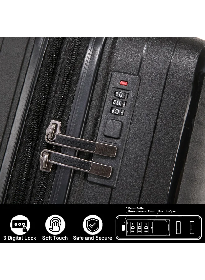 CABINPRO Light Weight PP Fashion Trolley Luggage Expandable Hard Case Carry on Suitcase with Safe Zipper and 4 Quite 360° Double Spinner Wheels CP002 Black