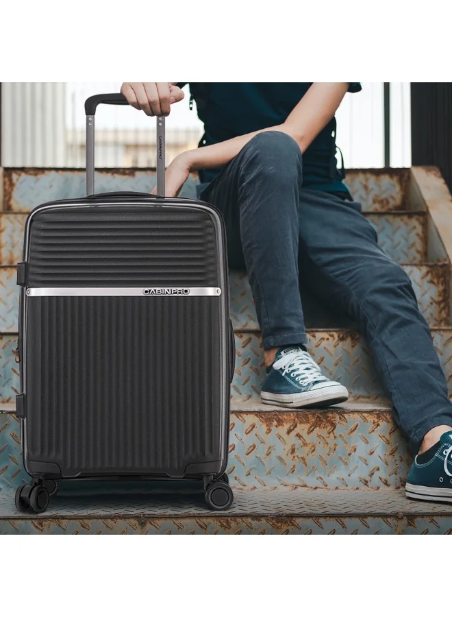 CABINPRO Light Weight PP Fashion Trolley Luggage Expandable Hard Case Carry on Suitcase with Safe Zipper and 4 Quite 360° Double Spinner Wheels CP002 Black